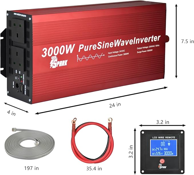 SPARK 3000 watt Power Inverter Pure Sine Wave Inverter 24v to 230v 240v, Stardard UK sockets x 2 and Remote LCD Display,1 x DC5V 2.0A USB ports, Surge 6000W (3000w 24v)